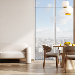 Dining area near window in modern interior living room, 3d rendering