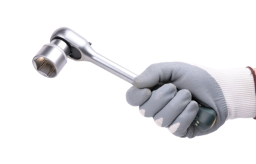 A hand in a protective glove holds a ratchet wrench (socket) on a white background.