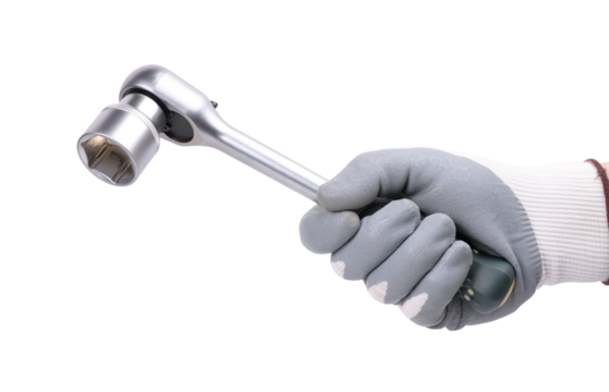A hand in a protective glove holds a ratchet wrench (socket) on a white background.