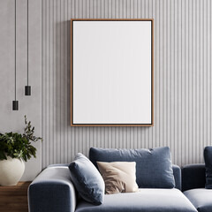 Poster frame mockup in modern living room with blue couch, 3d rendering