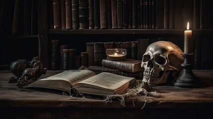 A skull positioned on a rustic wooden table, surrounded by antique books and a flickering candle - Generative AI