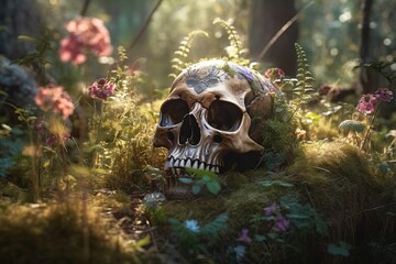 Weathered Skull on Vibrant Wildflowers - Generative AI