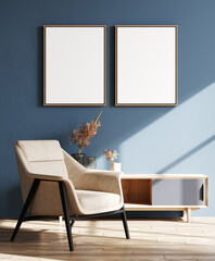 Two vertical poster frame mock up in blue living room interior with armchair and sideboard, modern living room interior background, 3d rendering