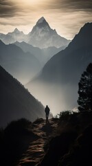 Hiker Embarking on a Mountain Trail Adventure - Generative AI