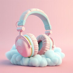 Pastel colors 3D headphones floating on cotton candy clouds with a pastel color background. Cotton candy is colored with soft colors. Provides a calm and happy atmosphere.
