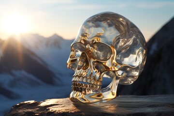 Glistening Crystal Skull on Mountain Peak - Generative AI