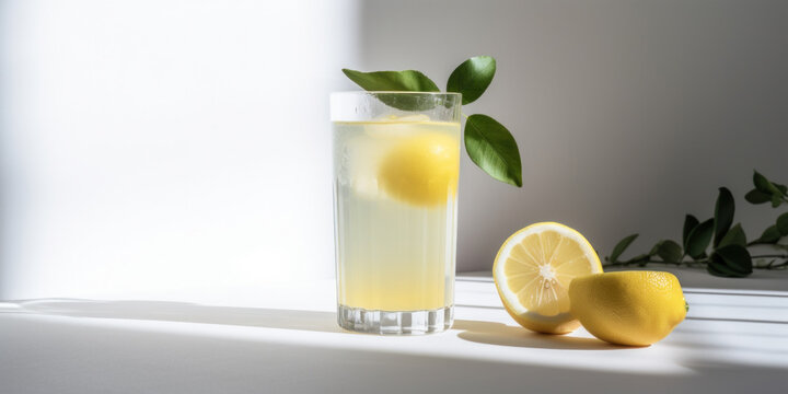 A glass of lemonade and lemon chunks on white background with copy space. Generative AI