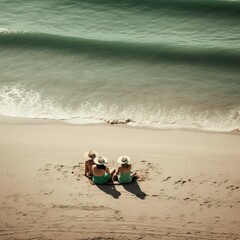 Top shot of A family sunbathing on the beach - Generative AI