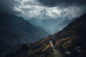 Lone Hiker Braving Majestic Mountain Trails - Generative AI