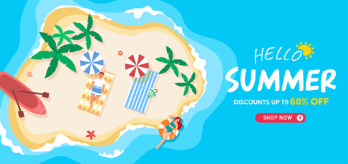 Fototapeta na wymiar Hello Summer Sale poster and banner template.Top view island beach background with human,swim ring,starfish,kayak,coconut tree and sea.