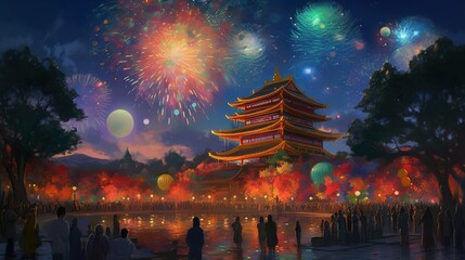 Full Moon Festival against Starry Sky Backdrop - Generative AI