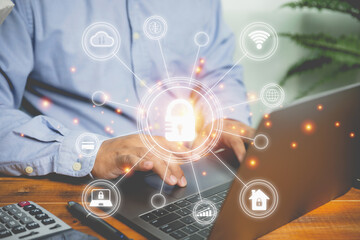 Firewall interface protection, and cyber security. Businessman using a laptop login for private. Virtual screen with a padlock for protect personal data information. Technology protection private data