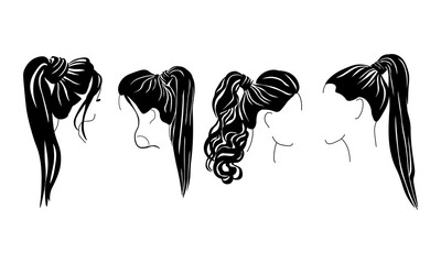 ponytail hairstyle for long hair set of silhouettes, stylish styling with a high position - obrazy, fototapety, plakaty