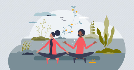 Meditation as process for peace, calm body and mind tiny person concept. Mindfulness practice for couples vector illustration. Emotional balance, spiritual health and mental serenity lifestyle.