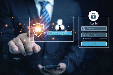 Businessman using a smartphone login by password, for protection personal data information with copy space. Data protection privacy. Firewall interface protection, and cyber security.