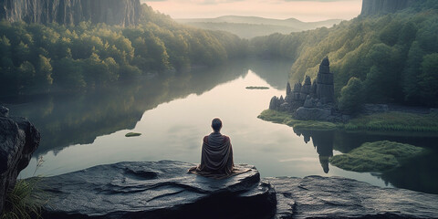 buddhist monk in meditation beside the river with beautiful nature background. Generative AI	