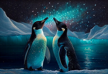 Two penguins on a beautiful glacier in Greenland under the aurora. AI Generated