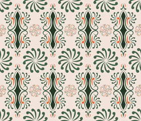 Ethnic folk geometric seamless pattern in orange and green vector illustration design for fabric, mat, carpet, scarf, wrapping paper, tile and more