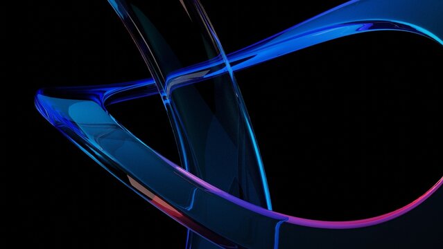 3d render abstract background on dark background, Transparent glossy glass, Colorful curve glass with dispersion.
