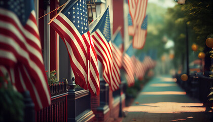 American flags hanging at the street ready for national holiday Ai generated image 