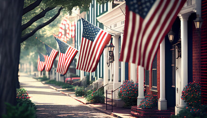 American flags hanging at the street ready for national holiday Ai generated image 