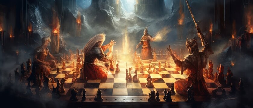 a chess tournament between god of life and grim reaper of death to get the control of the lost souls, Chess against the god and the death. Generative AI