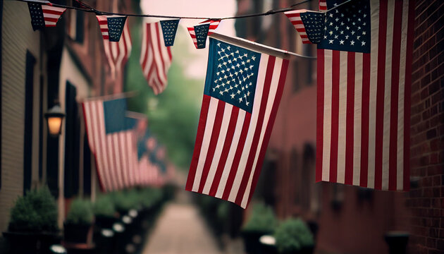 American flags hanging at the street ready for national holiday Ai generated image 