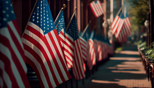 American flags hanging at the street ready for national holiday Ai generated image 