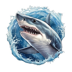 Great cartoon shark with open jaws around the waves AI