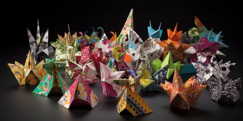 Intricate origami figures assembled from vibrant, patterned paper, awaiting display, concept of Paper artistry, created with Generative AI technology