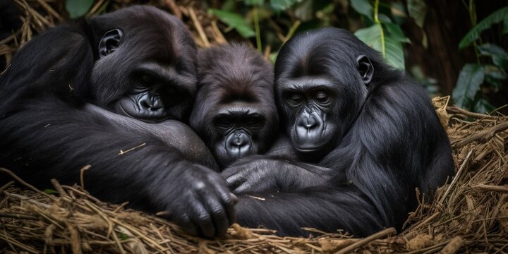A family of gorillas snuggling together in their cozy nest, concept of Primate social structures, created with Generative AI technology