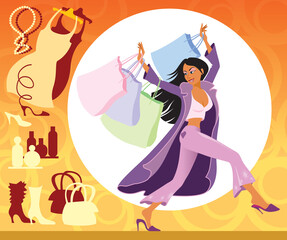 Vector illustration of girl with shopping bags on the sales