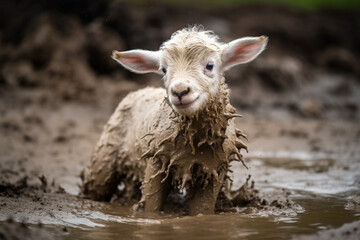 cute sheep playing in mud