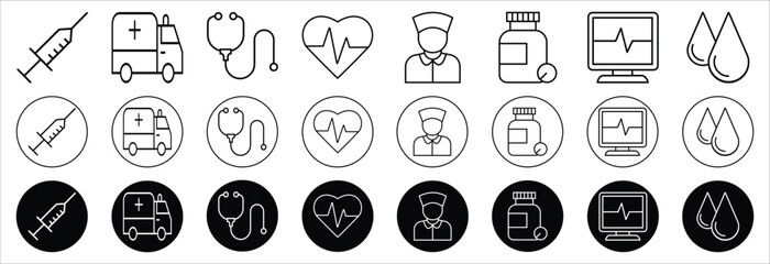 Medicine and Health symbols -  thin line web icon set white and black. Outline icons collection. Simple vector illustration.