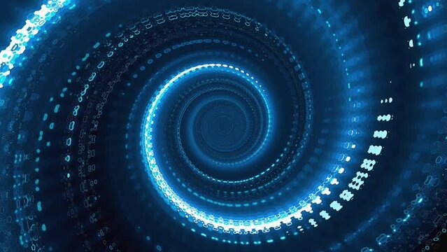 Glowing blue abstract spiral tunnel. Speed, music, future background