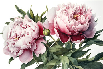 Watercolor realistic picture of a pink peony flower. Floral vintage arrangement. Botanical illustration for greeting cards, bouquets, wreaths, wedding invitations and summer backgrounds, anniversary.