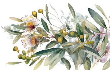 Watercolor eucalyptus branch with leaves and flowers. AI botanical illustration. Artistic floral sketch for invitation, wedding or greeting cards, design, print, fabric or background.