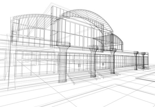 3D rendering wireframe of office building, white background. Concept - modern architecture, designing.