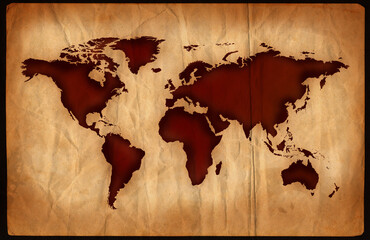 World map on aged, grungy paper.