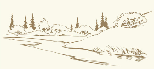 Vector drawing. Summer river scene