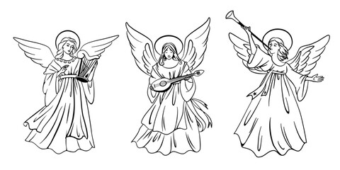 Set of three hand drawn angels playing instruments. Vector outline design.