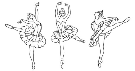 Set of three ballerinas. Hand drawn outline vector design.