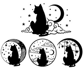 Celestial cat. Set of four vector designs. 