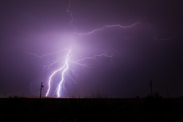 Naklejka na ściany i meble Bolts of lightning strike and splinter off during a monsoon rain storm in the Arizona desert.