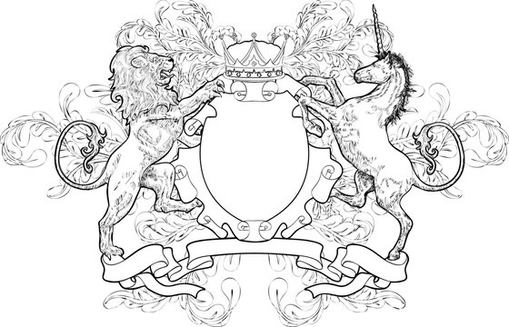 A black and white shield coat of arms element featuring a lion, unicorn and crown