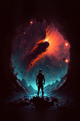 Astronaut escaping an alien cave, watching a nebula. Created with Generative AI.