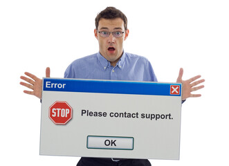 Shocked computer user with error message - easily editable - isolated