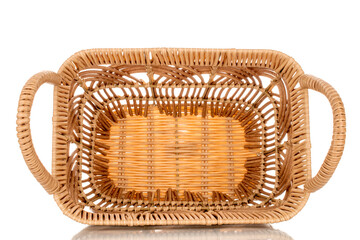 One basket woven from vines, macro, isolated on white background.