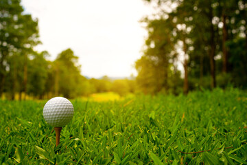 Golf ball on tee in beautiful golf course at sunset background.