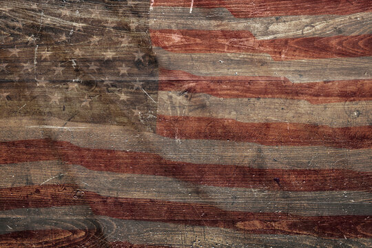 Wooden American Vintage Stage Background. Stage with Painted Aged American Flag Paint.